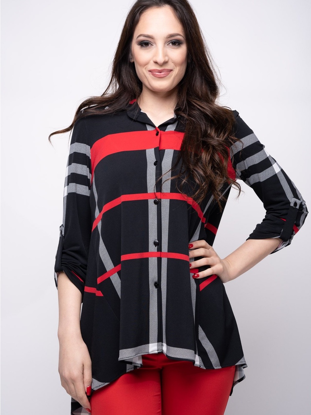 Joseph Ribkoff Sz US 18 Roll Tab Sleeve High Low Hem Shirt Slinky Comfort Tunic
